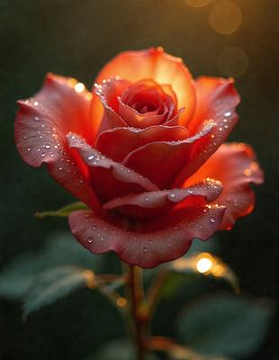 The primary subject of the image is a single red rose with a few drops of water on it. The rose is placed in a dark setting, possibly a forest or a garden. The visual style of the image is a close-up of the rose, emphasizing its details and beauty. The dominant colors in the image are red and black, creating a striking contrast against the dark background. The overall atmosphere of the image is serene and captivating.